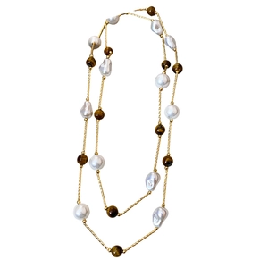 Vintage tiger eye and baroque pearl double layer necklace with gold chain for women