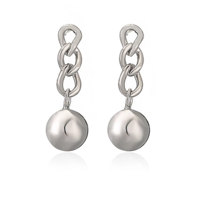 Minimalist silver chain earrings with large polished sphere pendants for women