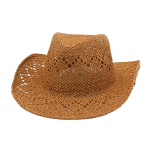 Classic brown hand-woven straw cowboy hat with breathable hollow pattern and wide brim