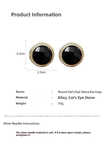 Detail showing dimensions and silver needle material of round black opal earrings