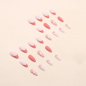 French almond press-on nails with pink flower designs and 24 pieces of artificial tips