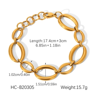 Detail view of 18K gold plated stainless steel oval link bracelet with dimensions