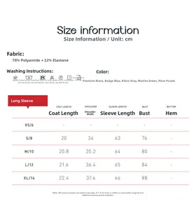 Size chart for long-sleeved yoga shrug with measurements and washing instructions