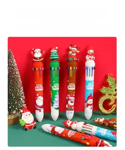 Close-up of 10-color Christmas shuttle pen with Santa and reindeer silicone toppers