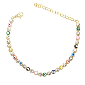 Colorful Evil Eye bracelet with gold metal links and sparkling cubic zirconia stones