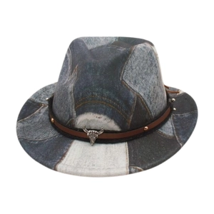 Kids Fedora Hat Western Cowboy Style Denim Print Cotton Polyester With Bull Head Buckle Leather Band Vintage For Children