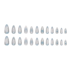 Light blue gradient press on nails with silver 3D liquid metal lines and 24 pieces set