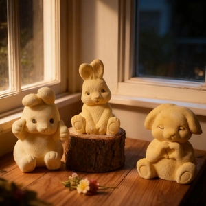 Tre graziose figurine di animali in resina con conigli e cuccioli per decorazioni pasquali
