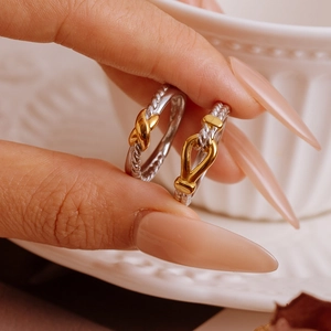 Cable Ring Two-Tone 304 Stainless Steel Woven Texture Cross Horseshoe Design Elegant Minimalist Jewelry For Women