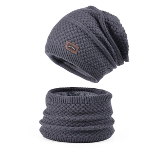 Winter knit hat and neck warmer set in dark grey with thick warm fleece lining for women