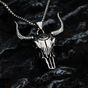 Vintage stainless steel bull head skull pendant necklace with silver box chain for men