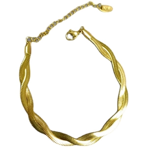 Gold-plated dual-layer braided snake chain bracelet with K18 tag and lobster clasp closure