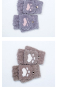 Detail view of plush cat paw fingerless gloves in grey and khaki with button flip cover