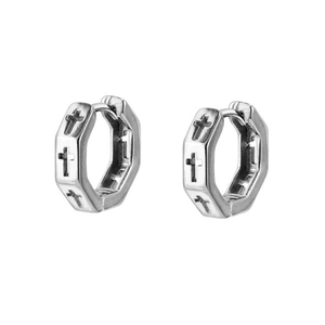 Boucles d'oreilles hexagonales en acier inoxydable argenté avec motifs croix ajourés
