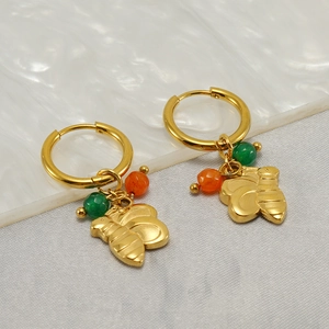 Golden bee hoop earrings with turquoise beads in polished vintage stainless steel style
