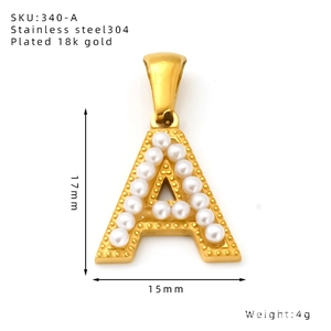 Detail view of 18k gold plated letter A pendant with pearls and 17mm size markings