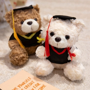 Set of two graduation teddy bears in brown and beige with gowns and diplomas