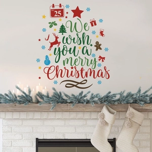 Stickers de Noël avec flocons et renne sur un fond de mur en briques blanches