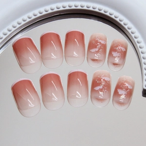 French tip pink blush press-on nails with glitter and cloud patterns, set of 10 pieces