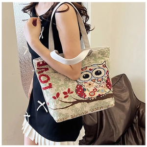 Ethnic canvas shoulder bag with colorful owl embroidery and LOVE text detail