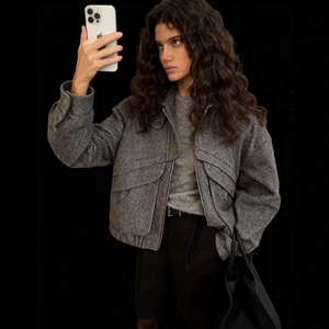 Women Herringbone Jacket Grey Woolen Texture Zipper Short Outerwear Retro Lapel Casual Chic Coat