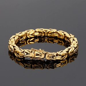 Classic gold stainless steel Byzantine chain bracelet with secure box clasp on black background