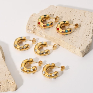18K gold-plated stainless steel C-hoops with colorful gems, zircons and pearls