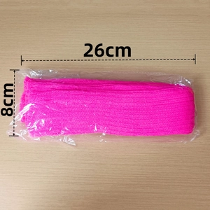Pink knitted fingerless arm warmers measuring 26cm in length shown in clear packaging