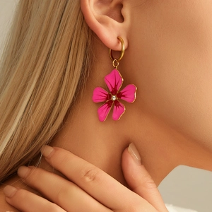 18K gold plated stainless steel pink enamel flower earrings with sparkling zircon