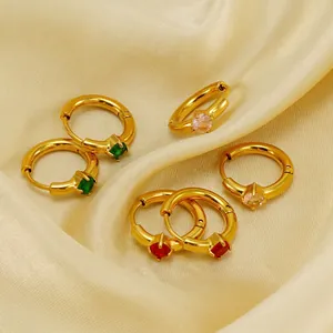 18K gold plated stainless steel hoop earrings with colorful zircon gemstones