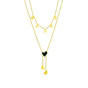 Double-layered gold titanium steel necklace with heart pendants and elegant tassels