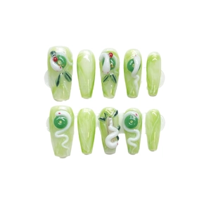 Press-on nails with green marble jade texture and 3D white snake and safety buckle design