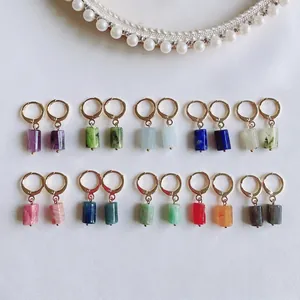 Natural Amethyst Rose Quartz Cylinder Stone Hoop Earrings 14K Gold Filled Column Pendant Vintage Jewelry Women