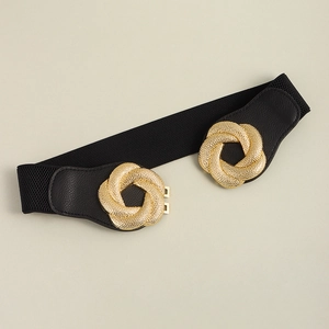 Close-up of black elastic waist belt with large textured gold interlocking ring buckle