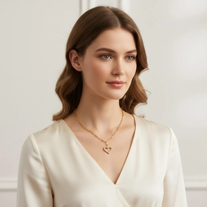 Elegant 18K gold plated silver necklace with sparkling heart moissanite pendant on model