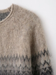 Detail of mohair knit sweater neckline with beige and black geometric pattern texture