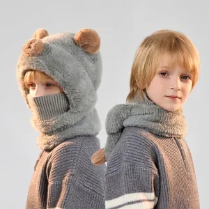 Kids plush bear ear hooded scarf and beanie set in light grey for winter outdoor warmth