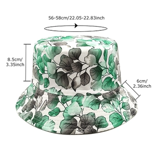 Reversible bucket hat with green leaf print, dimensions 56-58cm head circumference