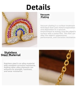 Macro detail of 18k gold plated stainless steel pendant with vibrant rainbow cubic zirconia