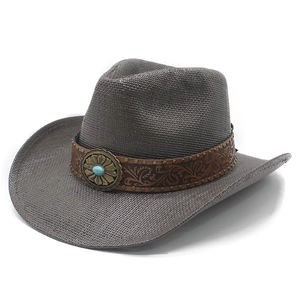 Dark brown woven straw cowboy hat with turquoise leather band and wide brim