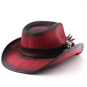Western cowboy hat with red-black gradient mesh and punk metal skull studs decor