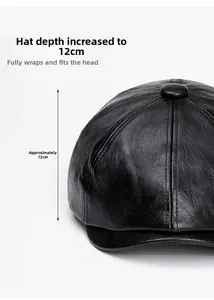 Detail view of the 12cm deep black PU leather beret showing premium texture and stitching