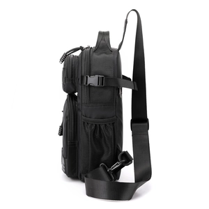 Minimalist black nylon tactical crossbody bag with multi-layer pockets and mesh side pouch