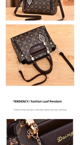 Detail of vintage brown tote bag with metal leaf pendant and monogram pattern texture
