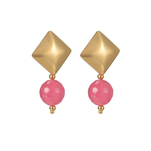 14K gold-plated geometric rhombus earrings with pink faceted beads for women
