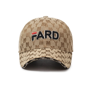 Khaki baseball cap with M and Y pattern and 3D FARD embroidery in a front view