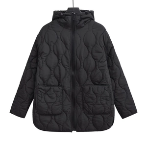 Women's black hooded quilted jacket featuring a wave pattern and large side pockets
