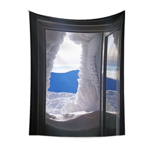 Detailed texture of wall hanging tapestry featuring snowy mountain window landscape view
