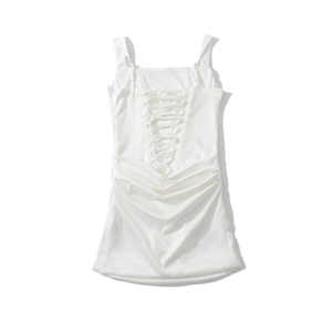 Elegant white square neck dress with lace-up corset back and pleated details in silk finish