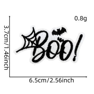 Detail of BOO! Halloween embroidery patch with spider web and bat, 6.5x3.7cm size view